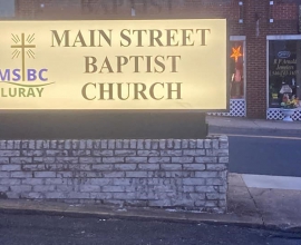 Main Street Baptist Church Sign (lit up at dusk)
