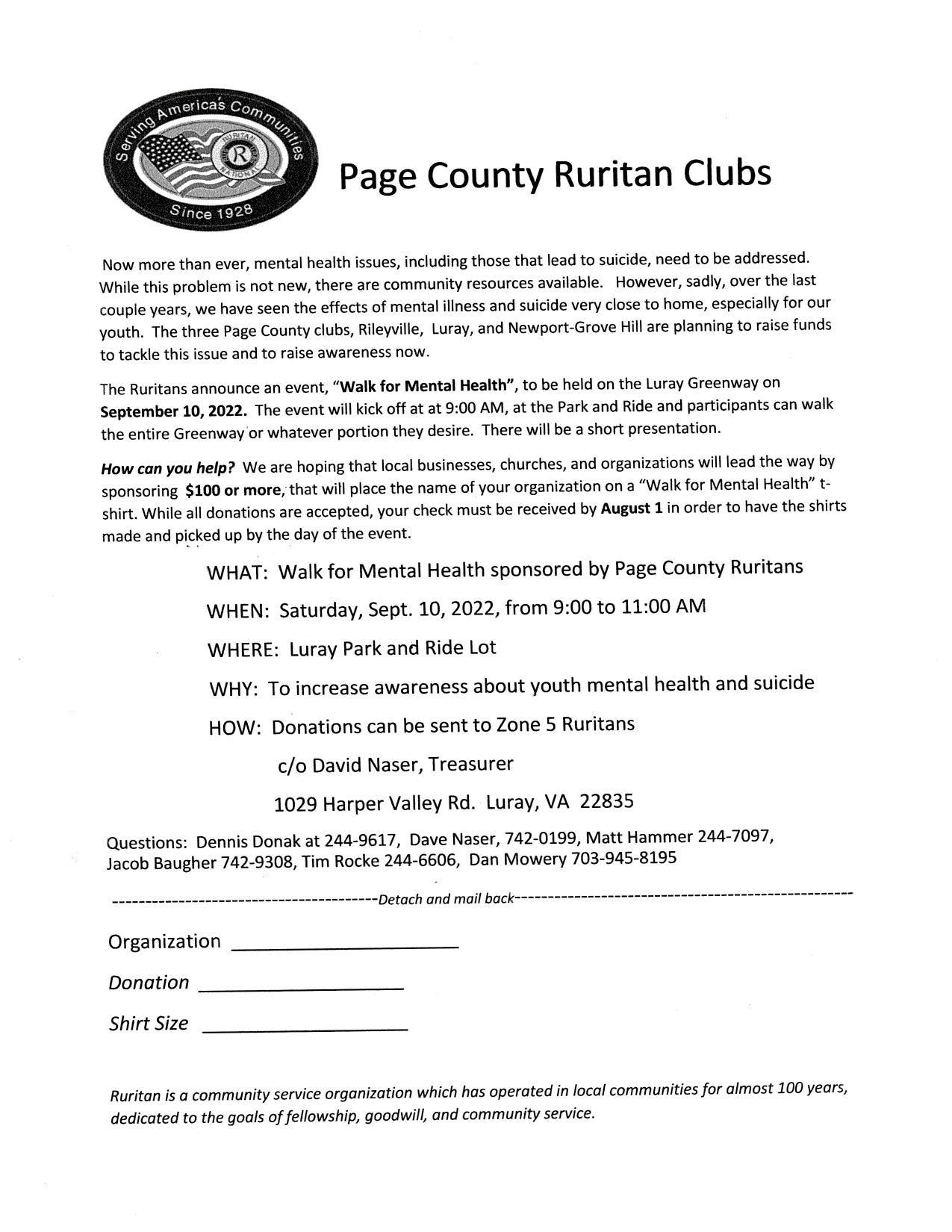 Page County Ruritan Club's Walk for Mental Health LurayPage Chamber